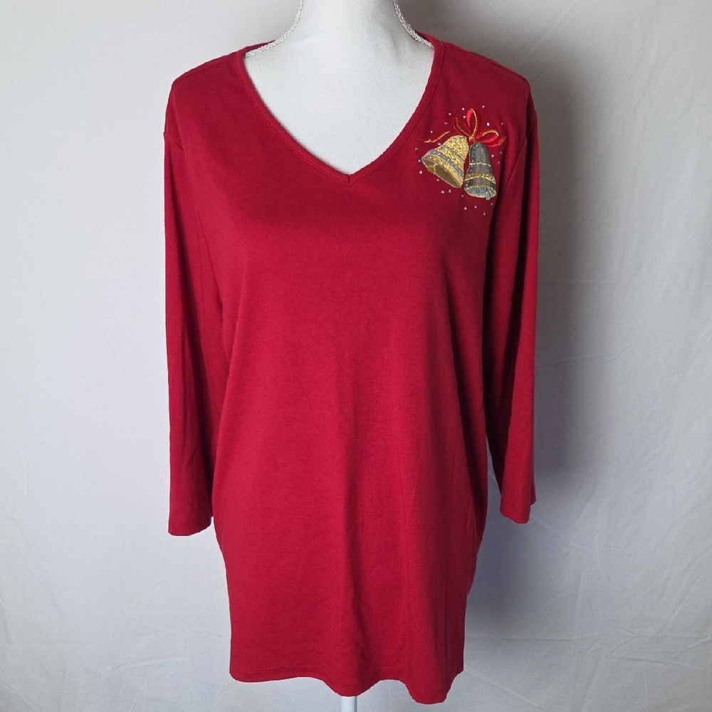 Quacker Factory Red V-Neck Women's Top with Embellished X-Mas Bells Size XL